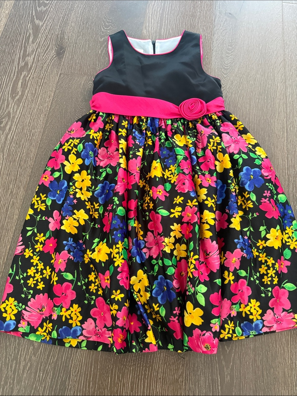 American Princess Black Floral Dress with Hot Pink Sash